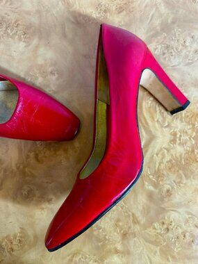 Vintage 1990s Timothy Hitsman Red Leather Square Toe Pumps Heels 9N Spain